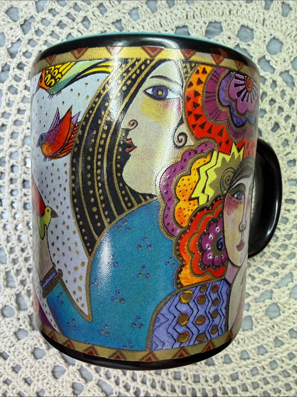 Laurel Burch Colorful Folk Art Women & Birds Ceramic Mug - Blue, Purple, Orange